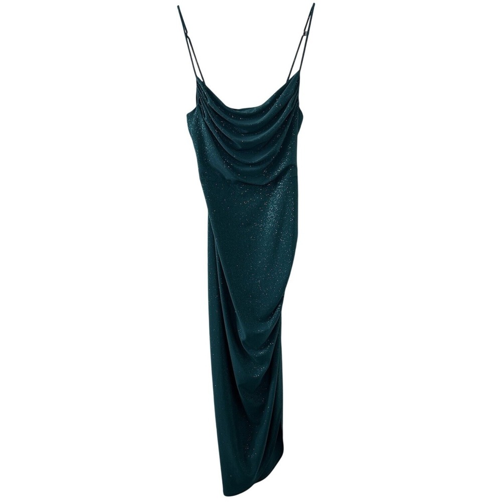 Sabora Glitter Cowl Neck Dress L Teal Shimmer Drape‎ Bodycon Glam Prom Y2K